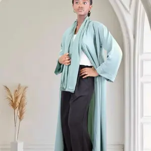 Ayesha's Collection Open Front Button-Down Abaya with Matching Hijab Pastel Aqua Long Sleeve Traditional Classic Chic Autumn Modesty Premium Nida Fabric