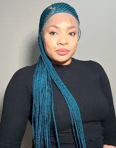 Lady Ghana Weave 10 – Turquoise Ghana Weave Braided Wig with 360 Lace (46”, Long, Medium Density)