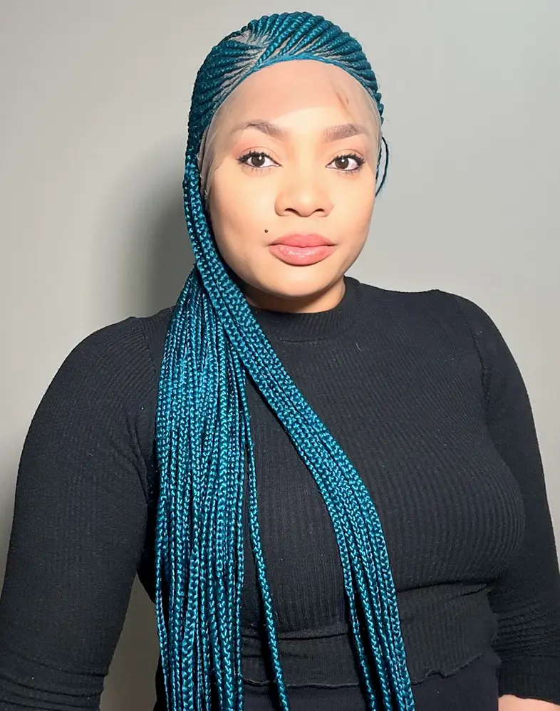 Lady Ghana Weave 10 – Turquoise Ghana Weave Braided Wig with 360 Lace (46”, Long, Medium Density) HYGIENIC POLICY: Returns only accepted if unit is in original condition  LACE MUST BE UNCUT, hair unaltered, and all packaging intact .Inspect before cutting