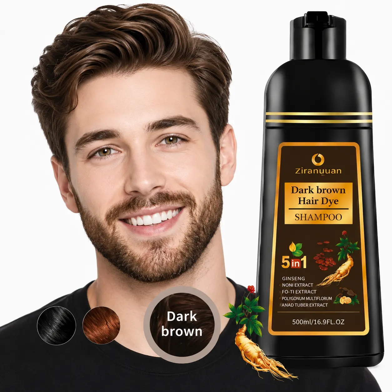 -in-1 Dark Brown Hair Dye Shampoo 16.9 fl oz, 10-Min Instant 100% Gray Hair Coverage Shampoo for Women Men, Herbal Formula with Ginseng & Ginger, Ammonia-Free PPD-Free Scalp Safe Color Depositing Shampoo Long Lasting At Home Kit