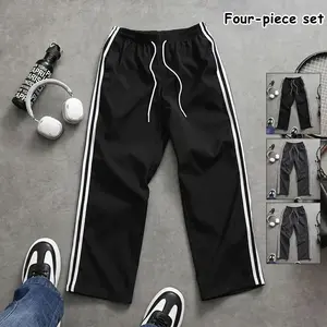 4-Piece Set Lightweight Dry Striped Pants for Men, Loose Fit Athletic Track Pants, Elastic Waist Pants for Gym & Outdoor