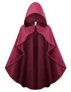 Medieval Costume with Hood Northern Knight Renaissance Hooded Cloak Vintage Gothic Witch Wizard Victorian Halloween Fancy Dress Costume (Dark Red,90cm-Women)