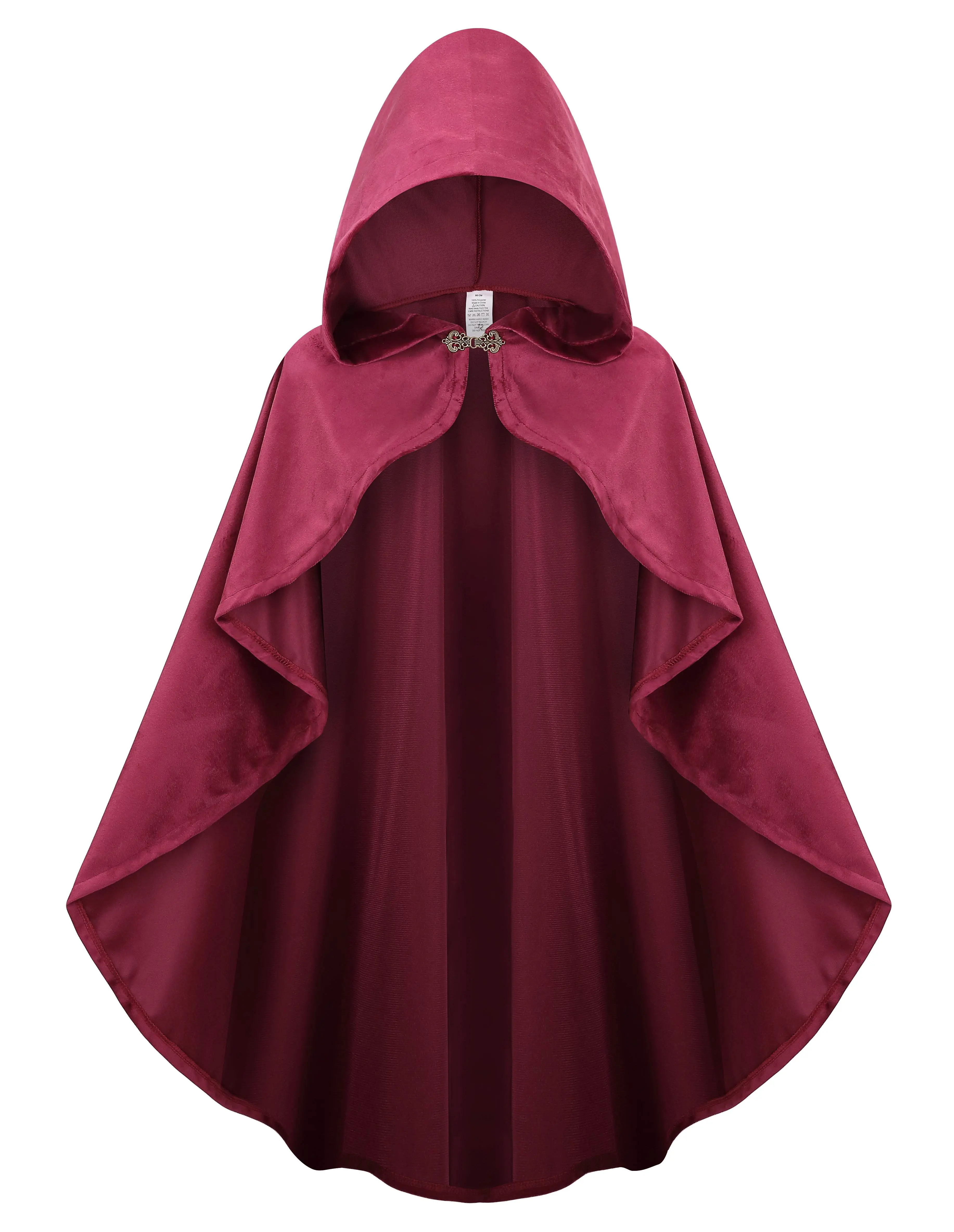 Medieval Costume with Hood Northern Knight Renaissance Hooded Cloak Vintage Gothic Witch Wizard Victorian Halloween Fancy Dress Costume (Dark Red,90cm-Women)