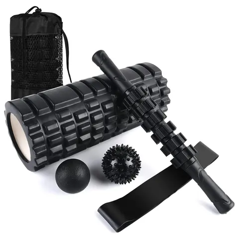 6 in 1 Foam Roller Set Includes Hollow Core Massage Roller, Yoga Stick, Massage Ball, Fitness Stretching Strap, Carrying Bag, Towel, Fitness Gear, Home Exercise Equipment