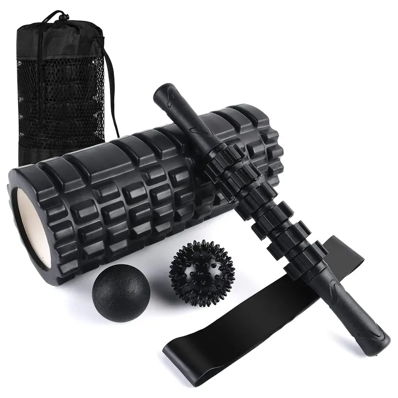 6 in 1 Foam Roller Set Includes Hollow Core Massage Roller, Yoga Stick, Massage Ball, Fitness Stretching Strap, Carrying Bag, Towel, Fitness Gear, Home Exercise Equipment