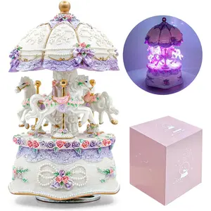 Carousel Music Box,Luxury Color Change LED Light Music Box,Luminous Rotating 3-Horse Musical Box with  Box for Girls Birthday Valentine  (You are My Sunshine, Purple)