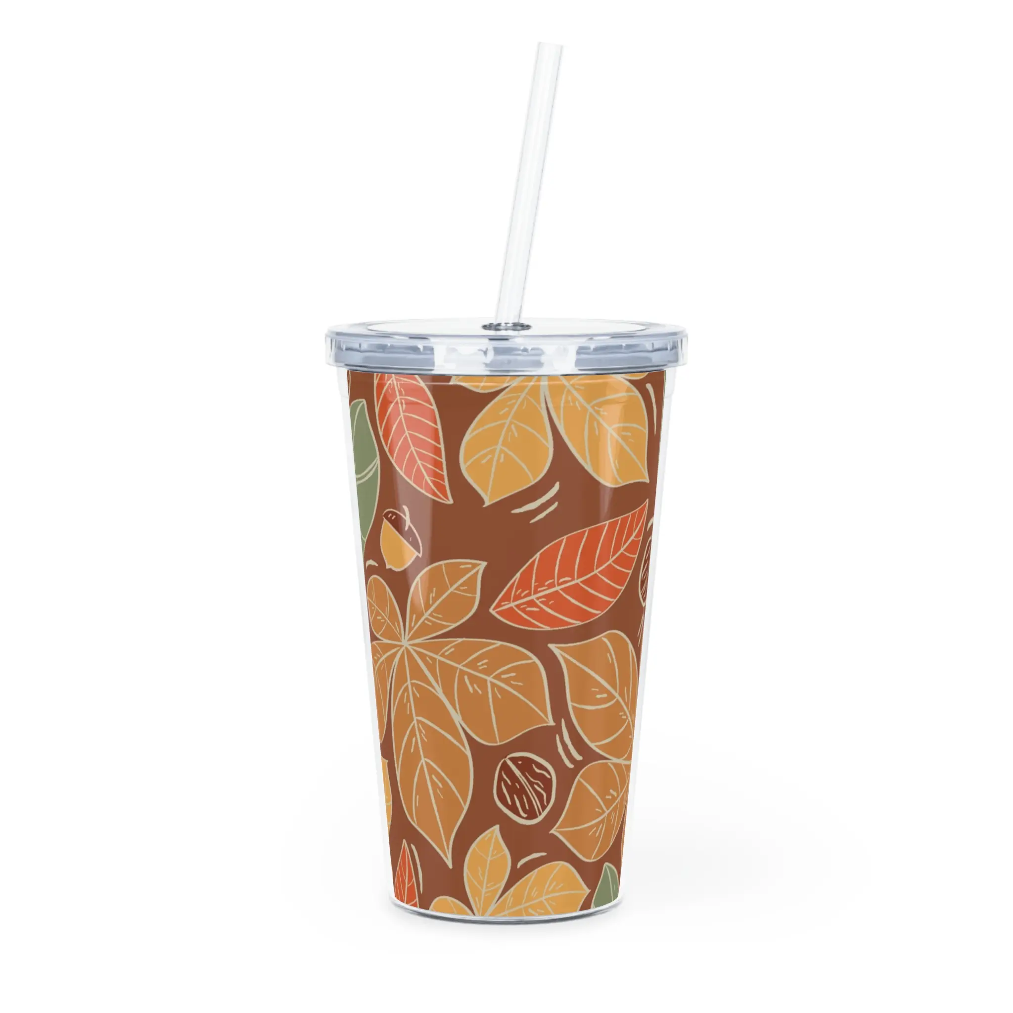 Autumn Leaves Pattern Tumbler | Fall Leaf Design Plastic Tumbler with Straw