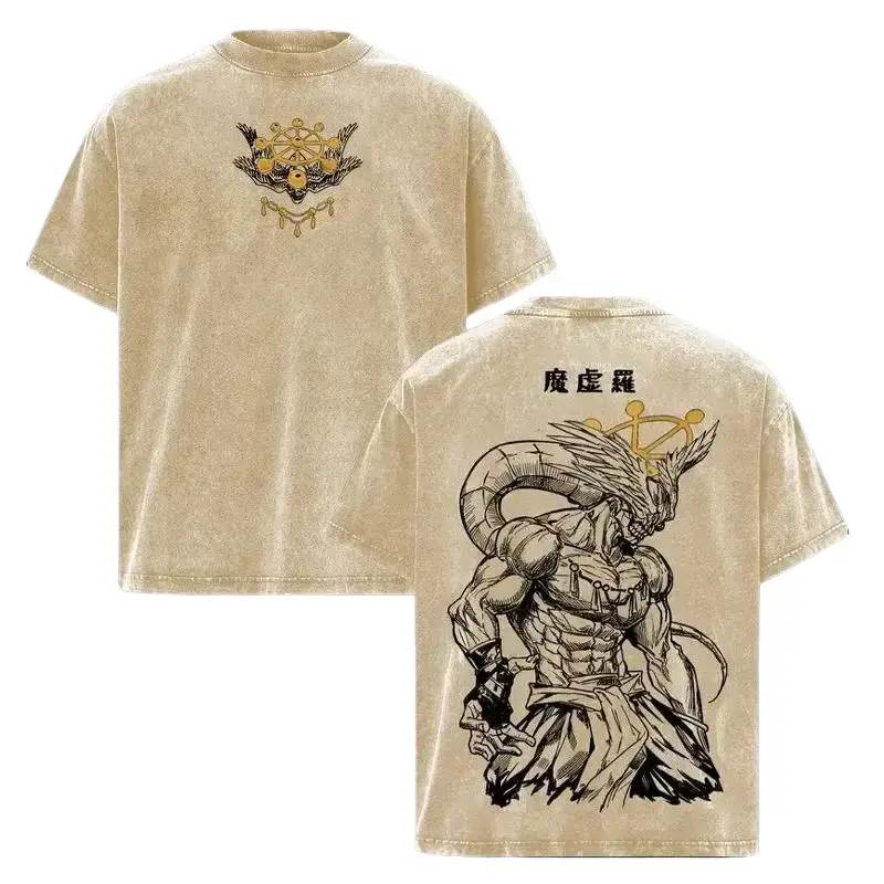 Men's Classic Stylish Jujutsu Kaisen Mahoraga Graphic Shortsleeve Tshirt - Vintage Washed Oversized Dark Streetwear Menswear, Ribbed Round Neck, Soft Cotton Top, Unisex 1-Piece Seamless Apparel, Gift for JJK Fans