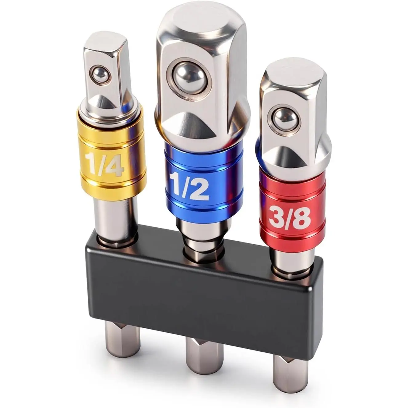 3 count Hex Shank to Square Heavy Duty Socket Adapter Set,  Grade Drill Socket Adapter (1/4", 3/8", 1/2"), Anti-Slip Detent Ball, drill Attachments for Power Drill &  Driver