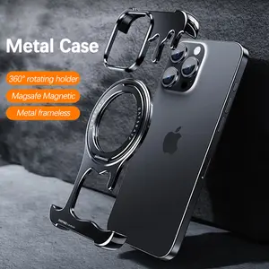 Irregular Metal Frameless Magsafe Phone Case for iPhone 16 15 14 13 Pro Max Plus Aluminum Alloy Magnetic Holder Shockproof Cover