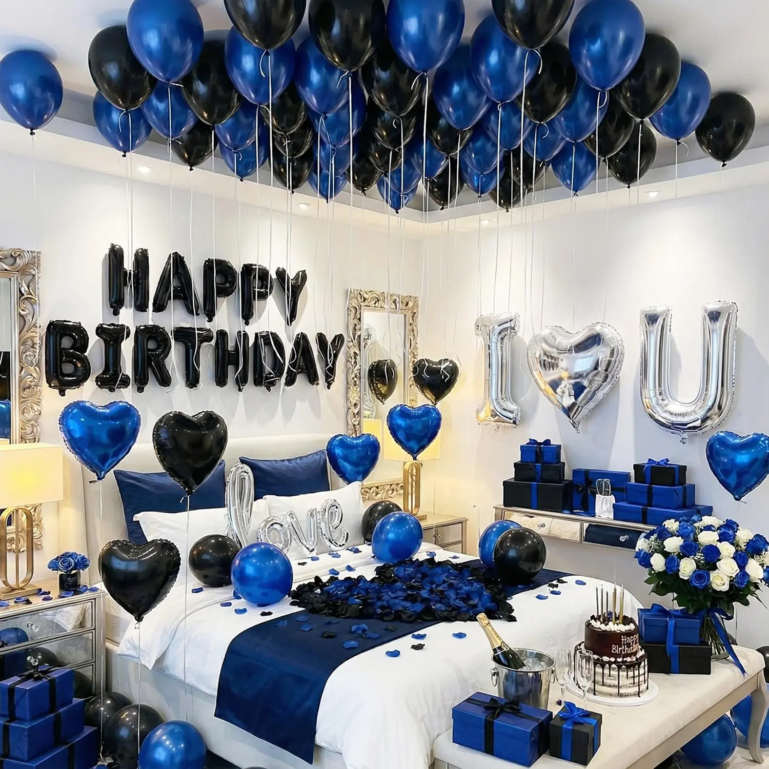 Blue Black Silver Balloons with I LOVE YOU & HAPPY BIRTHDAY Foil Balloons & Rose Petals for Romantic Special Night, Anniversary, Valentine Day, Birthday Decorations for Him, Bedroom, Hotel Room, Festive Colorful Balloons, Balloon Balloons