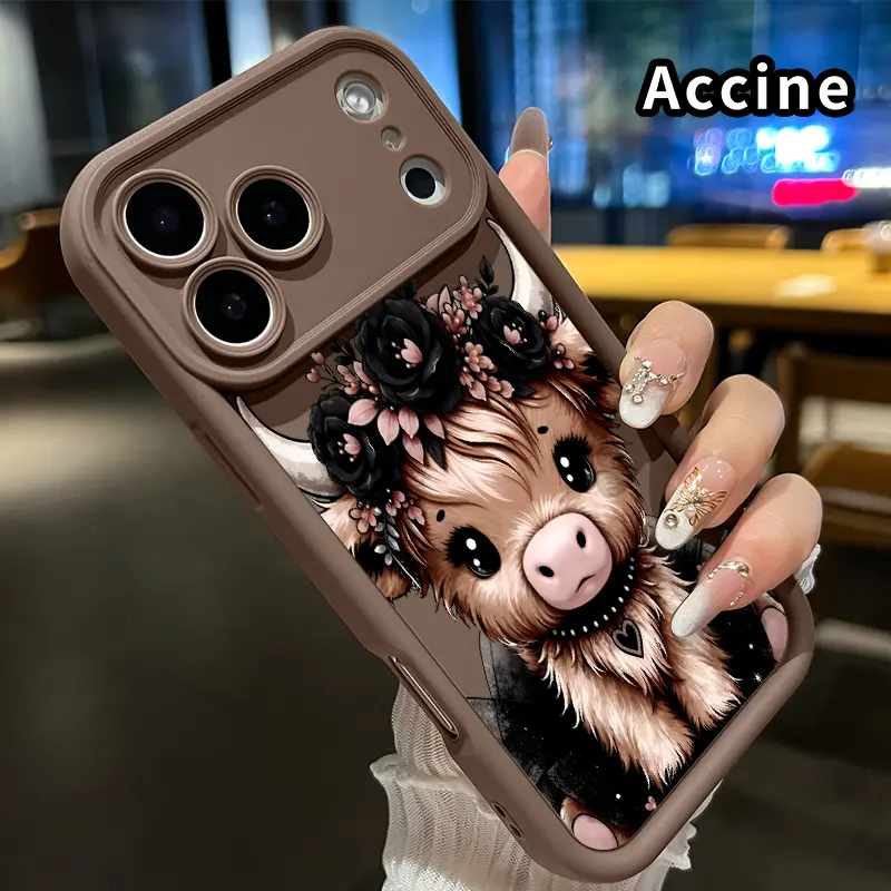 Floral Highland Calf TPU Smartphone Case - Flowers Design, Straight Edge, Drop-Resistant, Rugged, Durable Cover Shell for iPhone 17 Pro Max,16 Plus,15,14,13,12,11,XR,Air,E - Handheld Cellphone Protection Gift for Boys