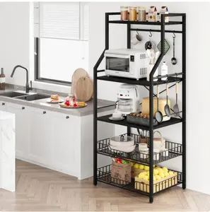 Kitchen Bakers Rack, Microwave Oven Stand with 2 Large Wire Baskets, Industrial Coffee Bar Station, 5-Tier Kitchen Utility Storage Shelf with 8 Hooks for Spice, Pots Organizer, Black