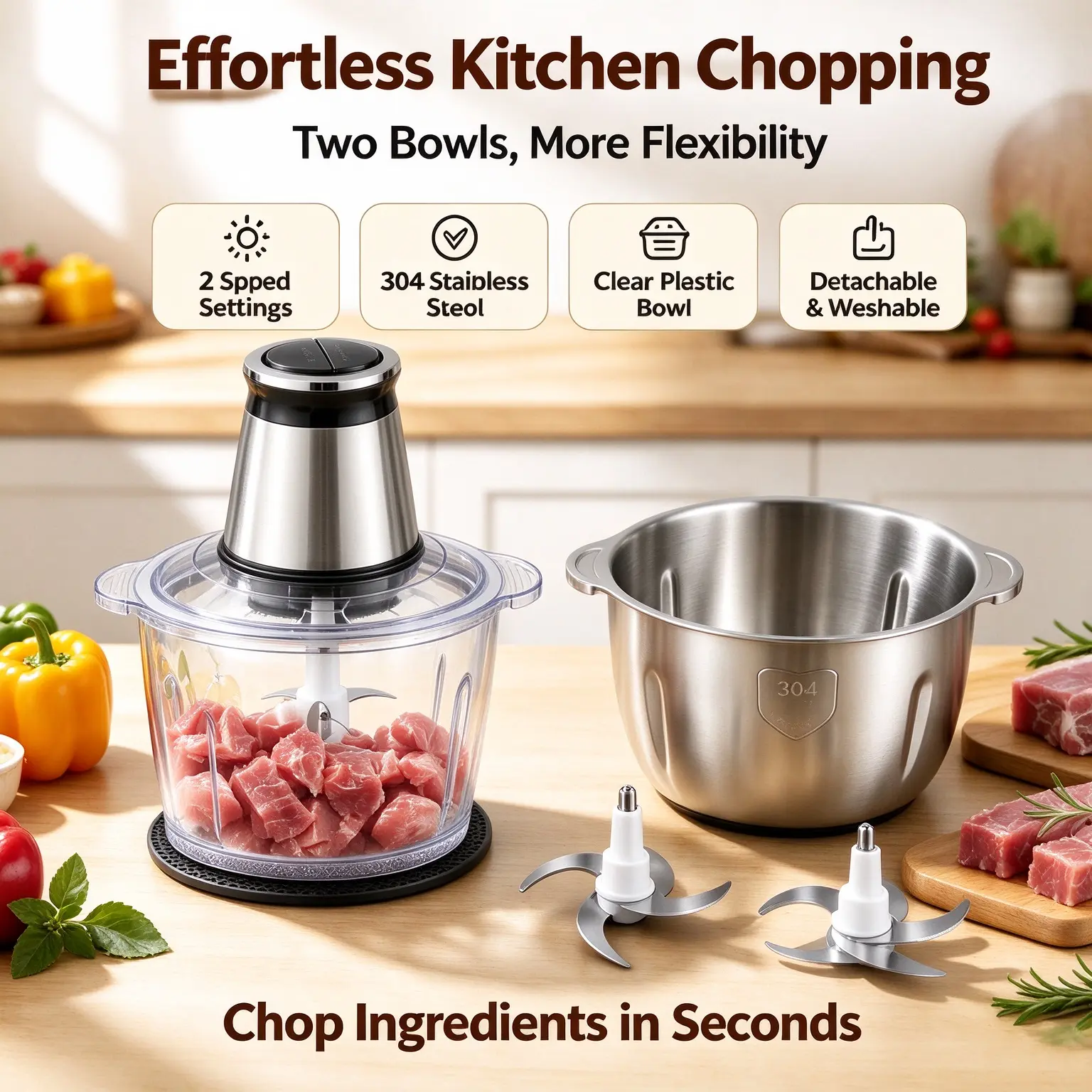 Electric Food Chopper 300W, 2 Bowls & 2 Blades Meat Grinder, 2-Speed Stainless Steel Vegetable Chopper for Meat Onion Garlic Baby Food