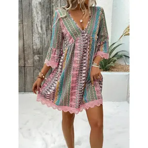 Women's Bohemian Style Vacation Valentine's Day V-Neck Long Sleeve Lace Trim Dress, Elegant Party Wear, Comfortable & Stylish