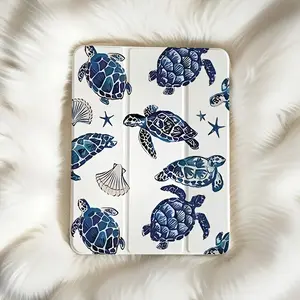 Blue Turtle Pattern Foldable TPU Case with Adjustable Bracket & Pen Slot for iPad Mini Air Pro 10th 11th Gen