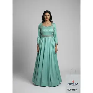 Designer Sabyasachi-Style Handwork Long Gown | Pastel Blue | Sizes 36–46