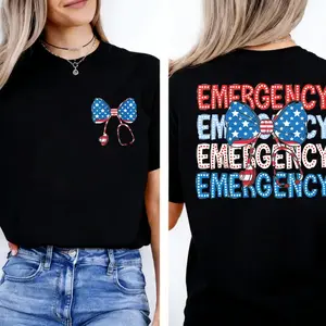 2 Side Emergency Nurse 4th of July T-Shirt, Patriotic Coquette Bow Stethoscope Tee, ER Nurse American Flag Front Back Print T-Shirt