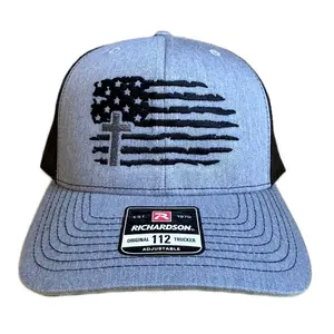 Richardson 112 Embroidered Cross & USA Flag Hat - Jesus - Christian American Trucker - Patriotic Youth, Regular, and XL Size Caps - God Bless America