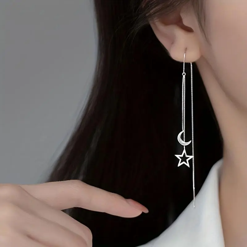 Women's Elegant Star-Moon Asymmetrical Dangle Earrings - Copper Fashion Jewelry with Long Tassels for Engagement Occasions