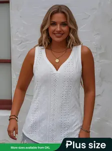 【Plus Size】 Solid Color V Neck Tank Top, Casual Sleeveless Top for Summer, Women's Plus Clothing for Daily Wear, Womenswear