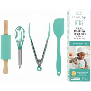 Tovla Jr. Kids Cooking Utensils Set - 4-Piece Kids Kitchen Tools - Safe Baking Set - Food Grade Toddler Chef Supplies - Gender Neutral Silicone Cookware Kit with Spatula Whisk Tongs Rolling Pin