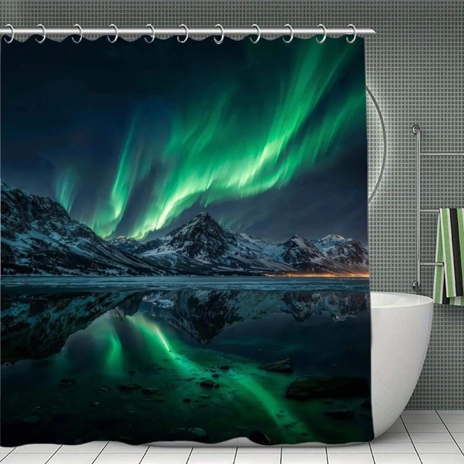 Northern Lights Mountain Shower Curtain - Aurora Borealis Lake Landscape Bathroom Decor, Plastic-Stainless Steel Bathtub-Resistant Scenic Nature Bath Curtain