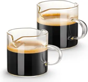 Espresso Cups Set of 2 4 OZ Double Spouts Cups Shot Glasses Milk Cup with Handle Clear Glass Espresso Accessories for Machine Small Coffee Tea