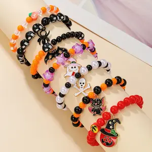 7 Pcs Halloween Beaded Bracelet Set – Natural Resin, Assorted Pumpkin/Ghost/Bat/Skull/Spider/Little Devil Charms, Costume Accessories, Party Decoration & Party Supplies, Trick-or-Treat Gifts, Perfect for Halloween outfit Stackable