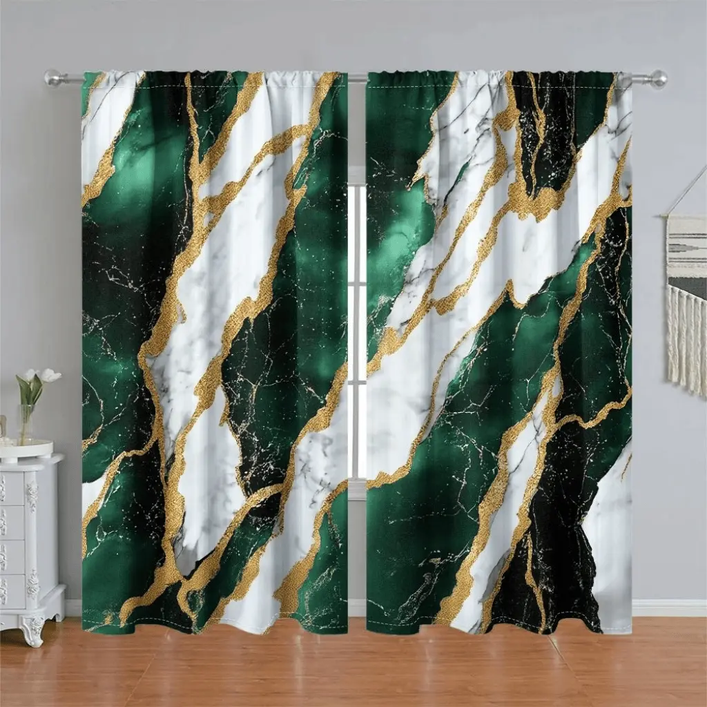 2Pcs Emerald Green Marble Gold Vein Curtains, Home Decorative Curtain, Modern Abstract Pattern Pole Pocket Style, Semi Sunshade Polyester Fiber Window Drapes, Home Decoration Curtain, Home Decor Accessories