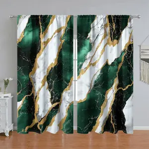 2Pcs Emerald Green Marble Gold Vein Curtains, Modern Abstract Pattern Pole Pocket Style, Semi Sunshade Polyester Fiber Window Drapes, Window Decorations Supplies, Home Living Room Bedroom Shower Decoration, Interior Decoration Accessories