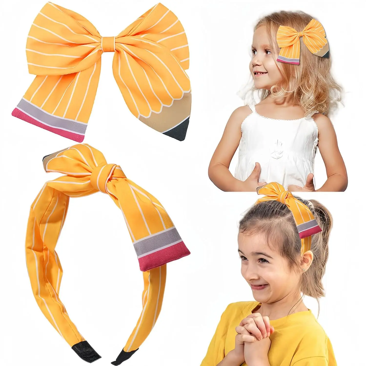 School Bows for Girls Teacher Headband Set, 2Pcs Back to School Outfits for Girls Teacher, Girl Pencil Bows Headband Uniform for Hair Accessories Pvoiue