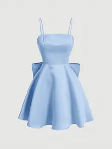 Blue Mini Dress with Bow - Elegant Backless Graduation Dress