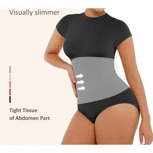 Women's Crew Neck Bodysuits Fashion Short Sleeve Tops Stretch Basic Body Suit T Shirts Casual Compression