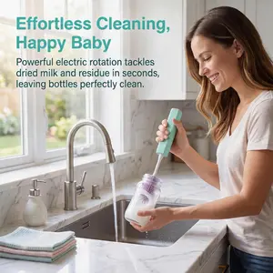Electric baby bottle cleaning kit, rechargeable waterproof bottle cleaner, fast cleaning mode, includes nipple brush, straw cleaner, stirrer, suitable for baby feeding.