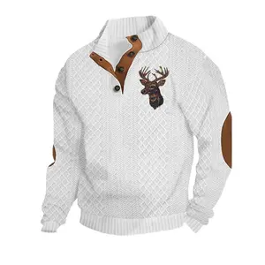 Men's Reindeer Print Patchwork Color Block Trim Jacquard Sweatshirt, Regular Fit Casual Comfortable Long Sleeve Half-Zip Front Stand Collar Pullover Suitable for Spring and Autumn Seasons, Fashionable Men's Daily Wear Top