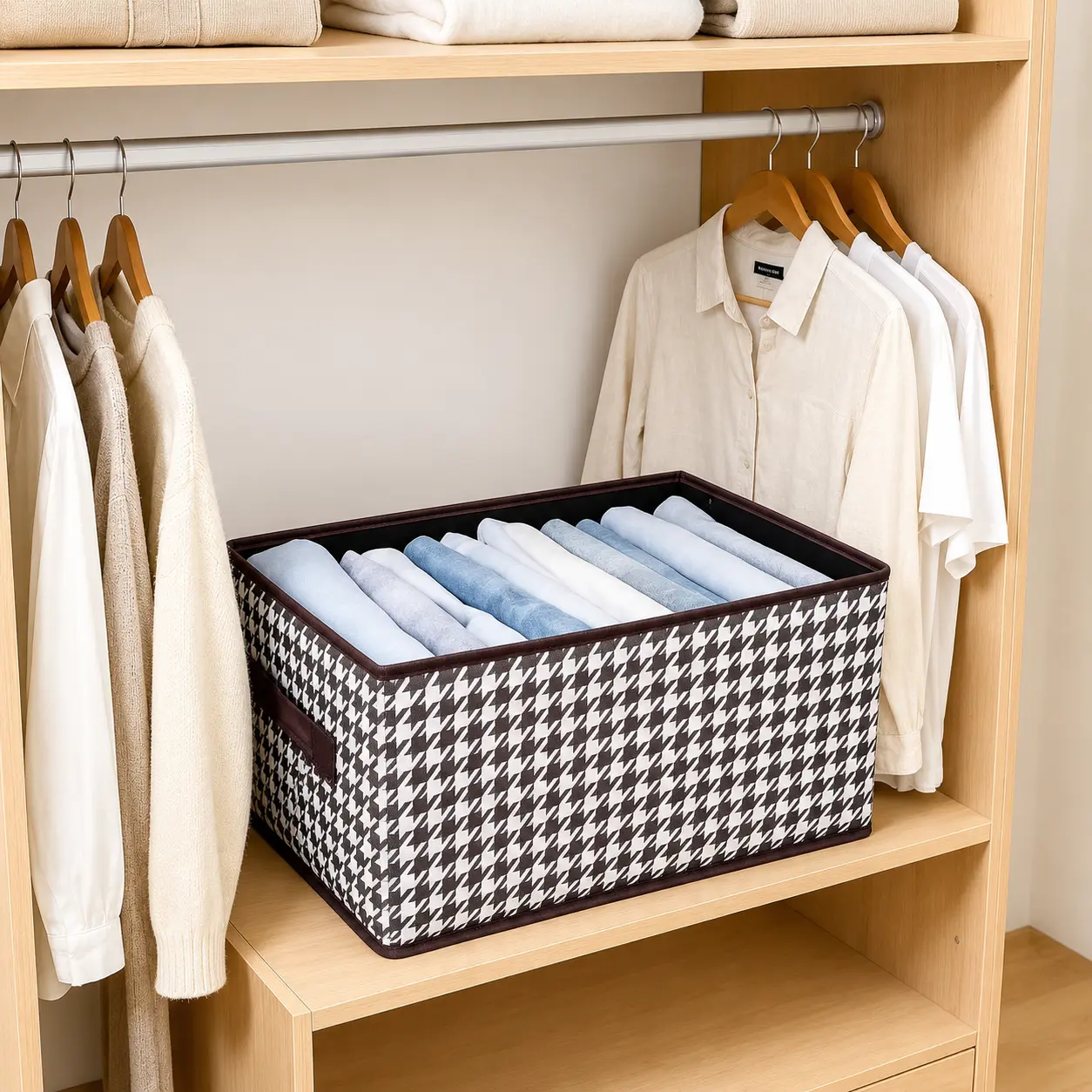 Thickened Overstitched Quilted Fabric Garment Storage Box Organiser - Reinforced, Stackable, Dustproof, Foldable, Pull-Out Closet Bin for Bedroom Drawer, Wardrobe, Withstands Clothes Weight, Organizer Storage Boxes