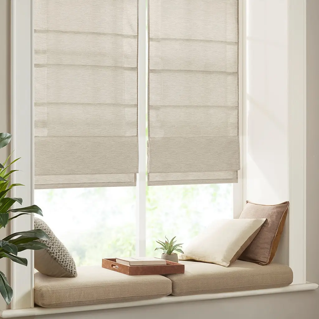 Cordless Roman Shade with Printed Faux Silk, Room Darkening, Energy Efficient, Soft Valance, Easy Install, 23x64 Inches, Ivory
