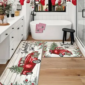 2 pcs/set Christmas Tree Truck Kitchen floor mats, Laundry Room Rug, Non Slip Kitchen Mat, Home Decorative size 16x24' & 16x47'