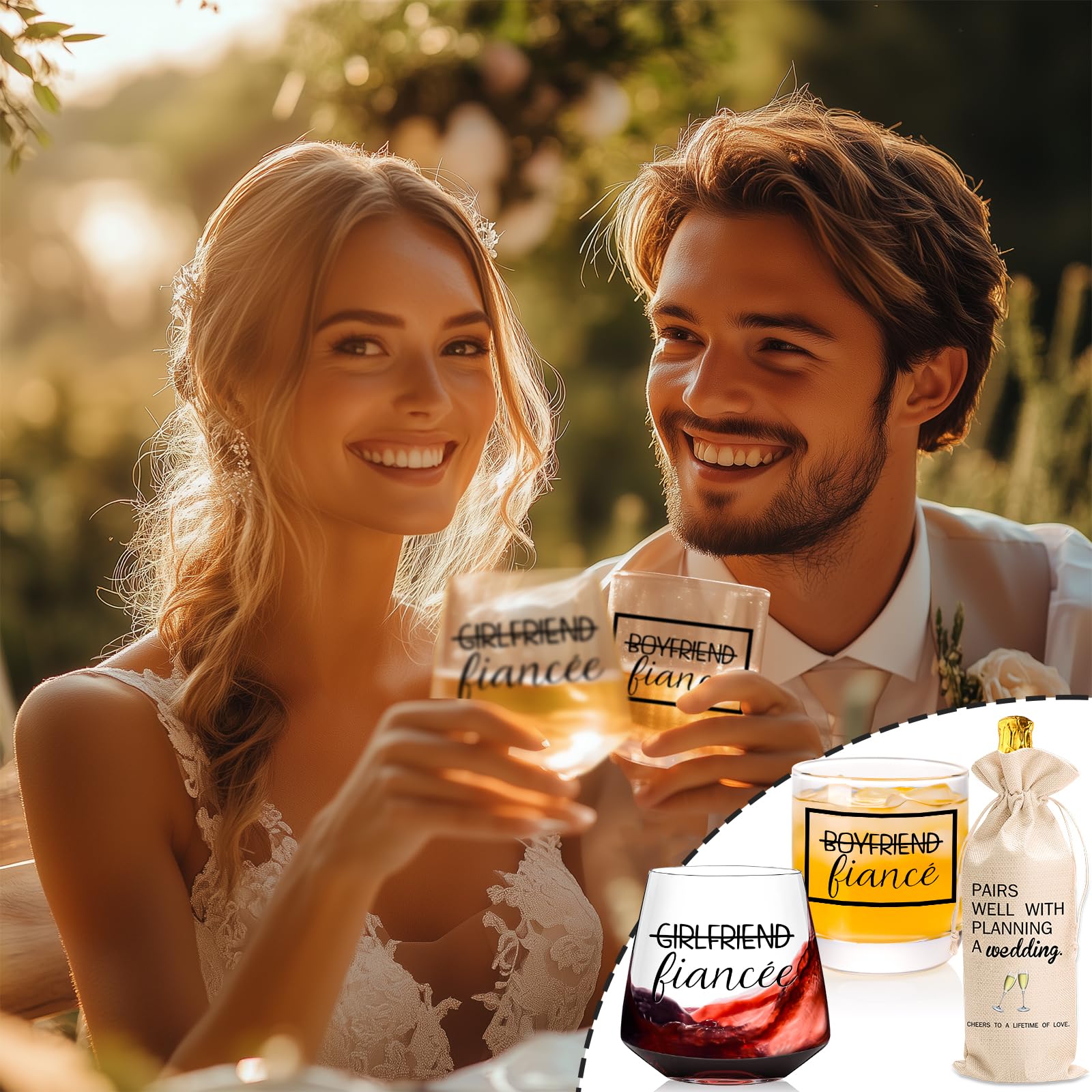 Wine Glasses for Couples - Engagements Gifts for Her Fiance Fiancee - Perfect Christmas Gift for Newly Engaged Bridal Party - Drinkware glass can