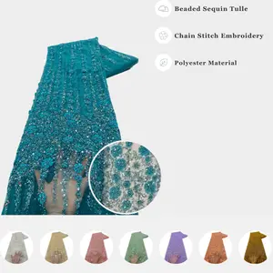 Latest Heavy Beaded Embroidery Lace Fabric 2024 Fashion 3d Floral Mesh Net Luxury Lace Fabric Sewing for Wedding Dress African