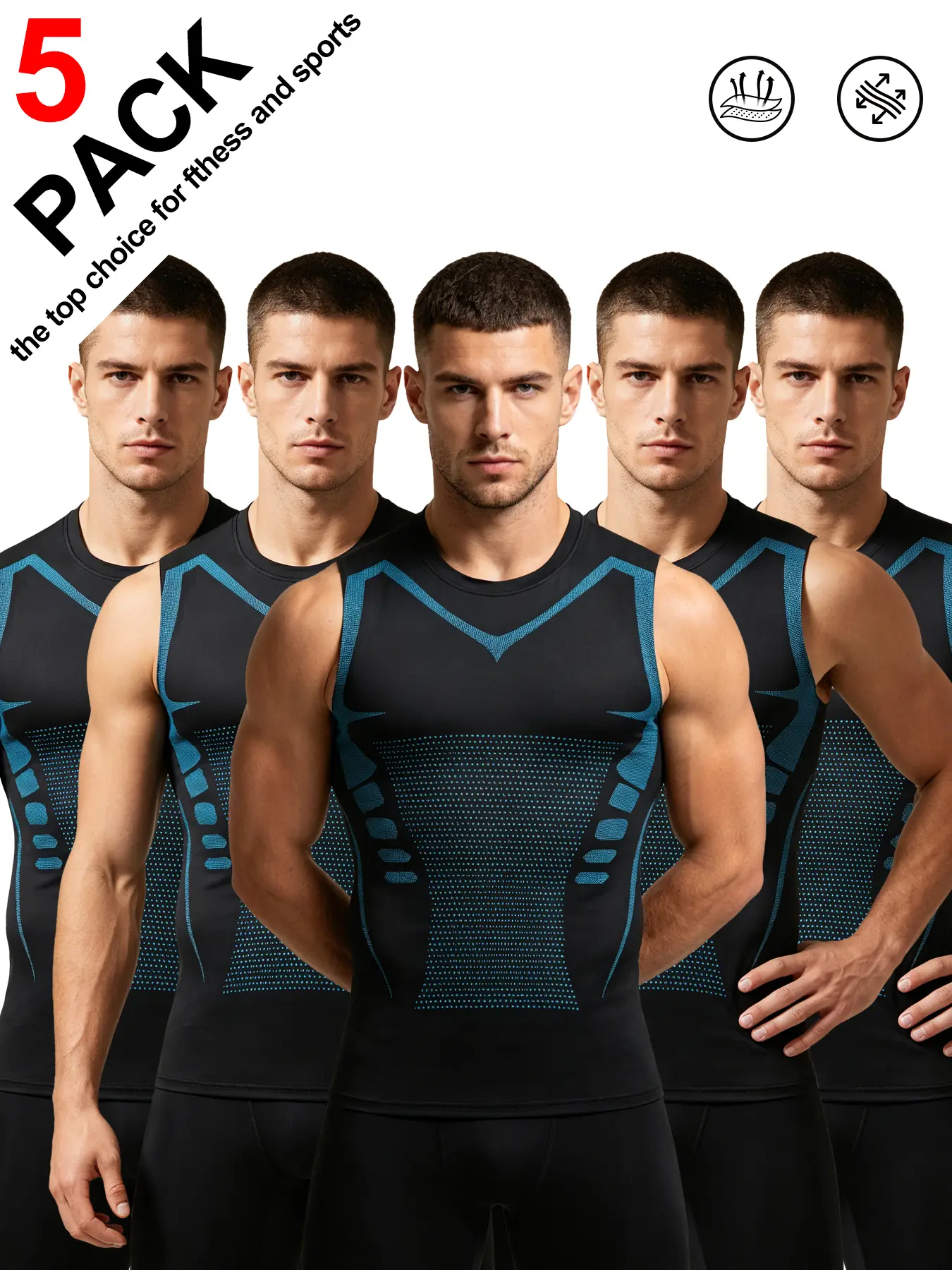 Men's Muscle Tank Tops, 5-Pack Sleeveless Compression Polyester Shirts with Muscle Support for Gym & Fitness, Polyester Fabric