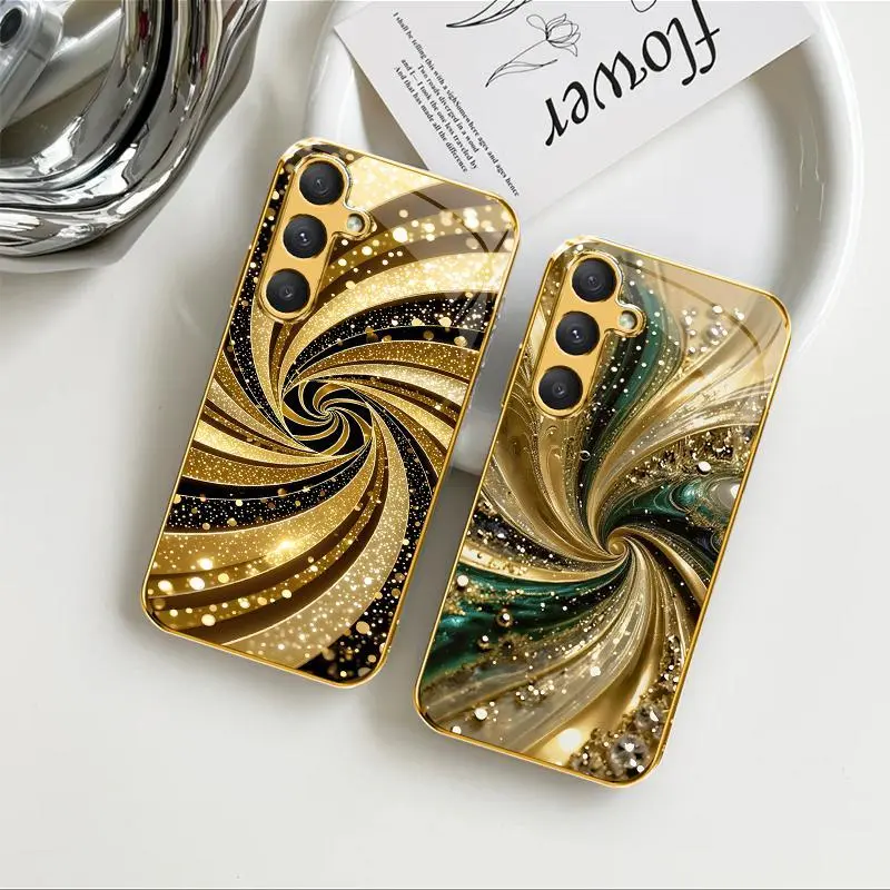 Luxury Gold-Plated Edge Case Liquid Swirl Glitter Glass Cover for Galaxy S25 ---975