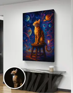 M-10130 Artistic Wall Decor Photo Ornaments - Cat on Stool with Cosmic Background Canvas Print for Room Decoration
