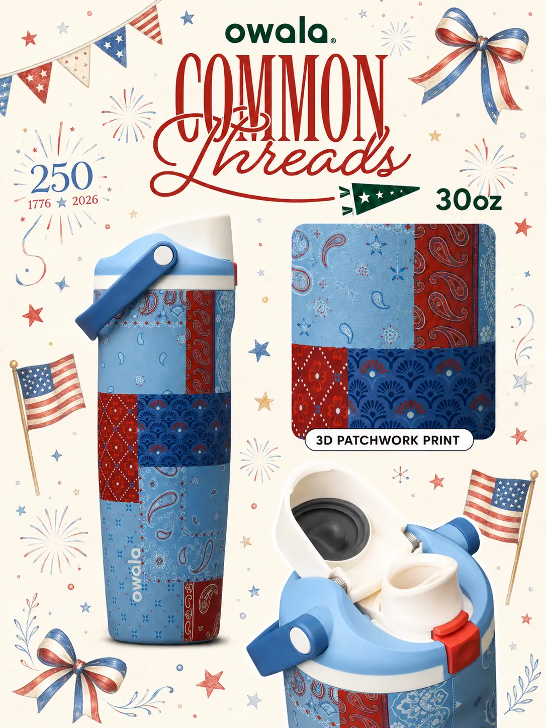 Owala Common Threads 30oz FreeSip Sway Bottle – Heritage USA Collection Vacuum Insulated Stainless Steel Cold Drink Bottle for Work, Road Trip & Everyday Carry