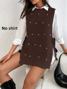 Women's Sleeveless Knit Vest Solid Color Loose Fit Mid-Length Cardigan Outerwear with V-Neck Sweater Vest for Work.