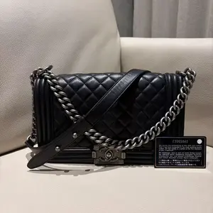 Pre-owned CHANEL Boy Medium Flap Bag Black Quilted Lambskin Leather Gold Hardware Chain Shoulder Bag with with an identity card 2017 23565940 HK A032