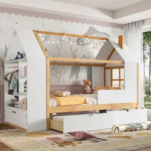[Bellemave]Twin Size House Platform Bed with Drawers, Solid Wood House Bed with Shelves, Childlike Design