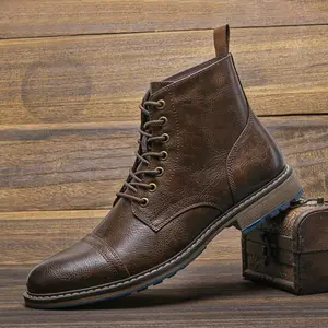Men’s Retro Leather Boots Fashion Comfortable Non-Slip Durable Ankle Work Boots Deep Brown Casual Footwear