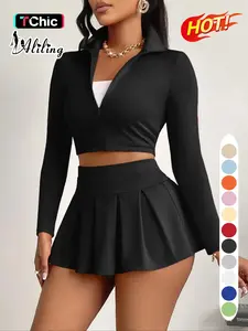 Aliling Casual Women's Two-Piece Set, Spring & Fall Long Sleeve Zipper Crop Top, High Waist Short Pleated Skirt, Slim-Fitting Crop Top and Skirt